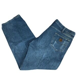 Carhartt Men's Size 44x32 Straight Leg Relaxed Fit Pleated Denim Jeans Work